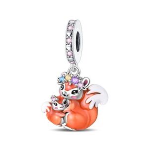 Silver Tone Orange Fox Mom & Baby Charm with Pink Accents